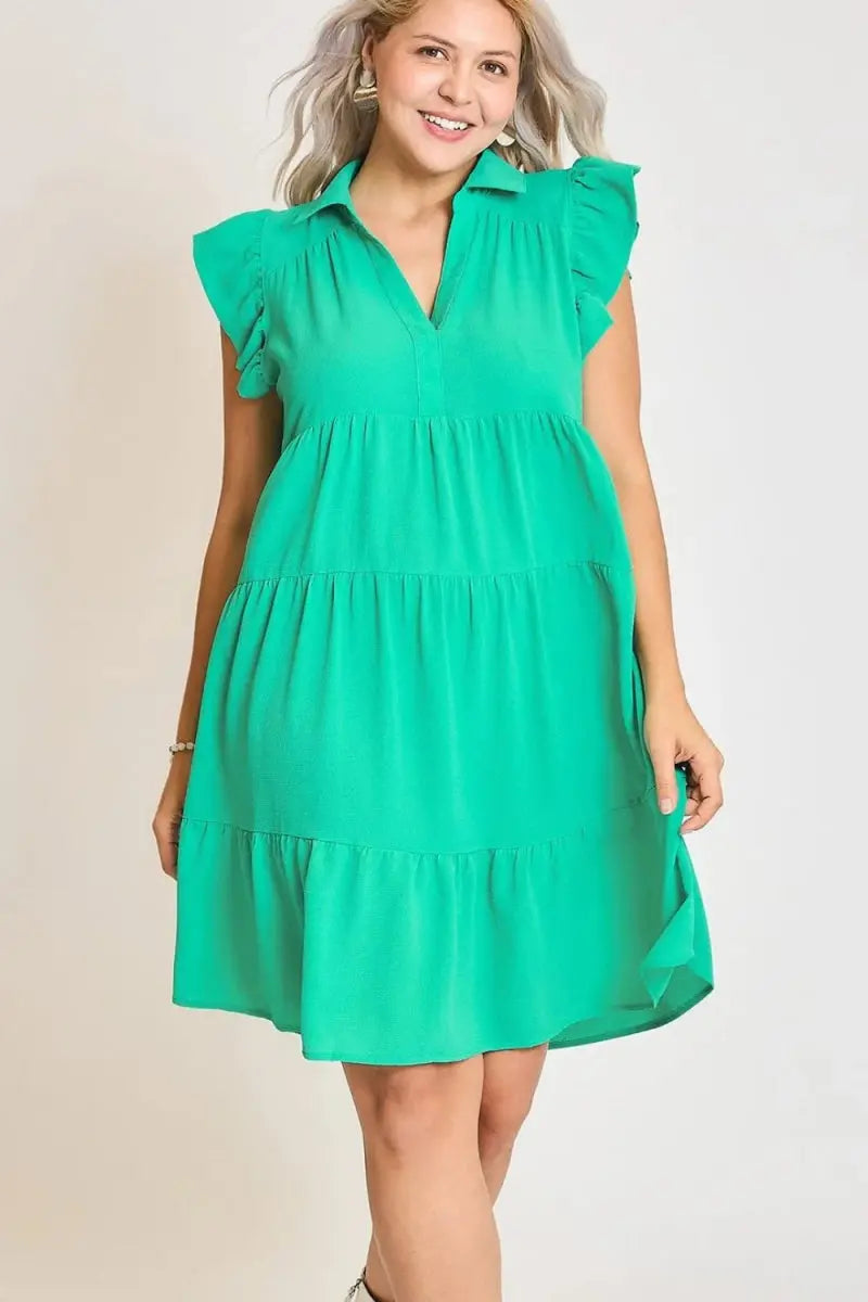 Umgee Full Size Johnny Collar Ruffle Cap Sleeve Dress Plus Size - Love Salve